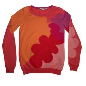 Boden Wool Cotton Sweater Size 4 Retro Daisy Floral Print Orange Pink Crewneck